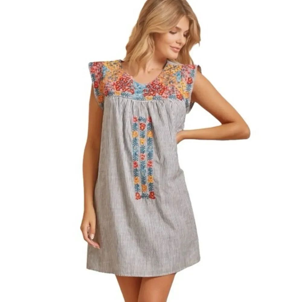 Savanna Jane Marleen Striped with Floral Embroidery Babydoll Shift Dress